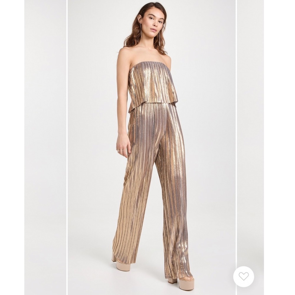 Amanda Uprichard Collina Gold Metallic Pleated Jumpsuit Strapless XS Y2K Party